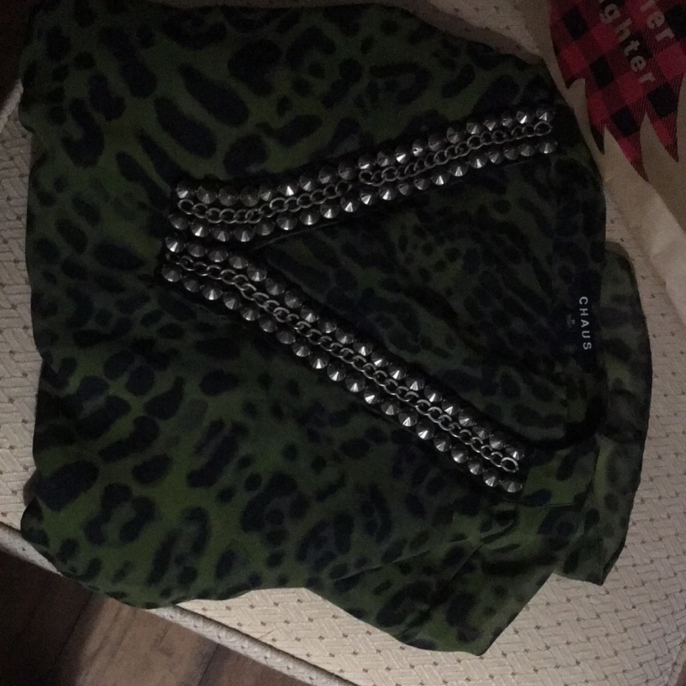Embellished vintage chain & spike green & black animal print blouse size medium